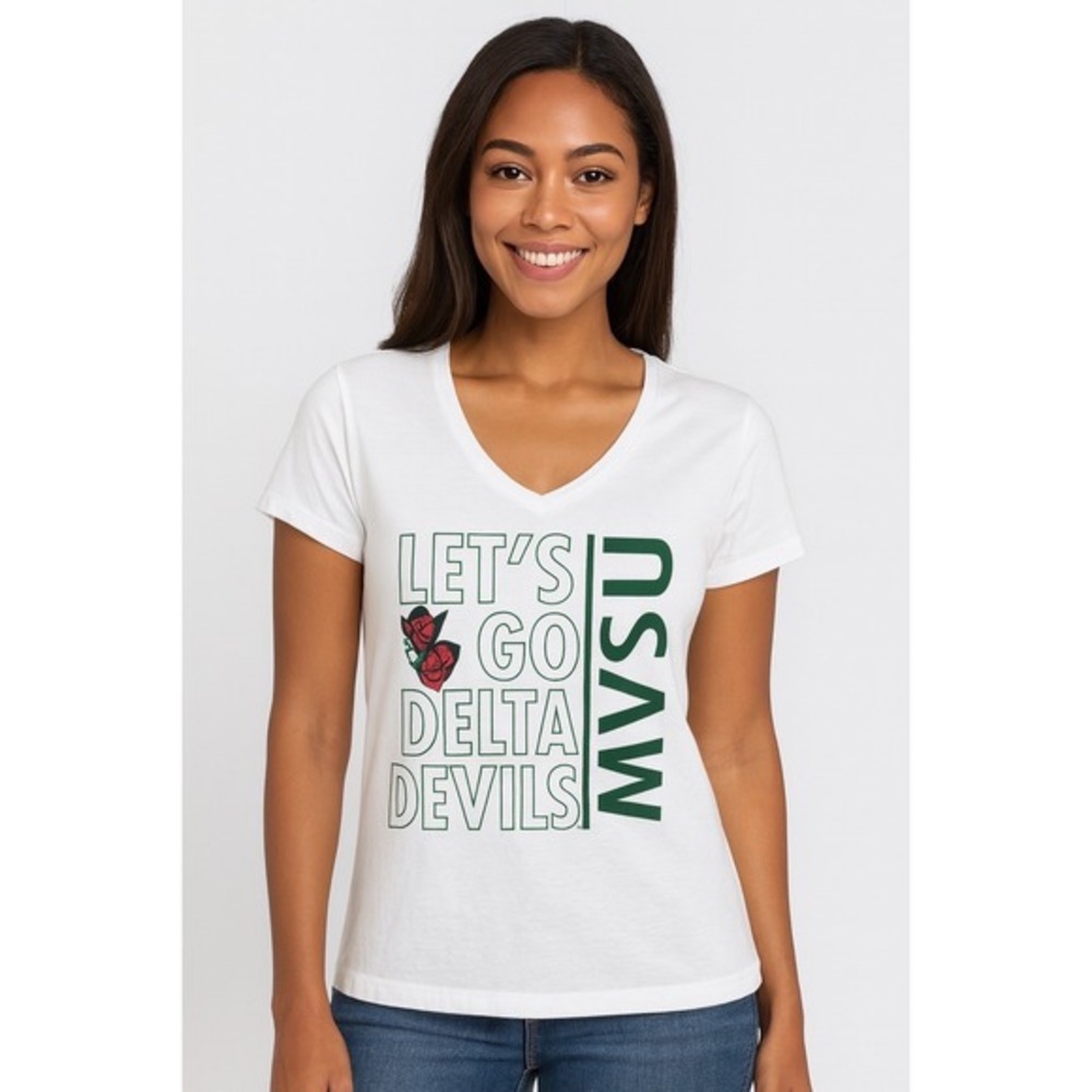 Russell Athletic White Delta Devils V Neck T Shirt M HBCU‎ College Casual 84-04